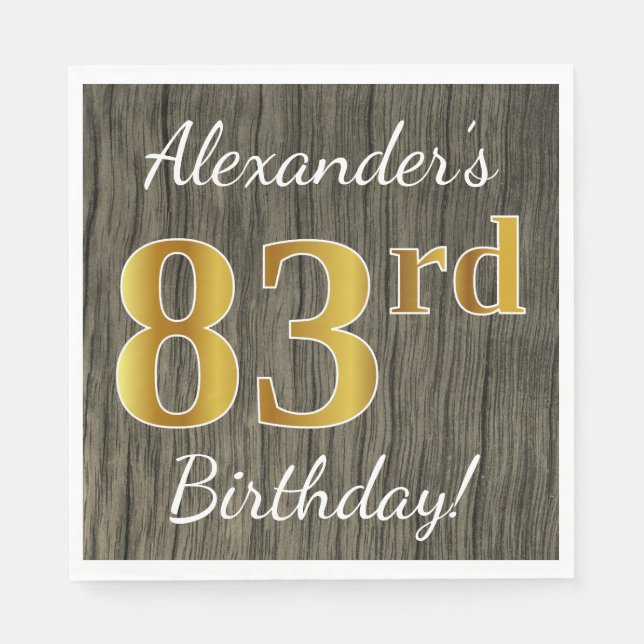 Faux Wood, Faux Gold 83rd Birthday + Custom Name Napkin (Front)