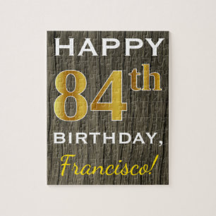 Faux Wood, Faux Gold 84th Birthday + Custom Name Jigsaw Puzzle