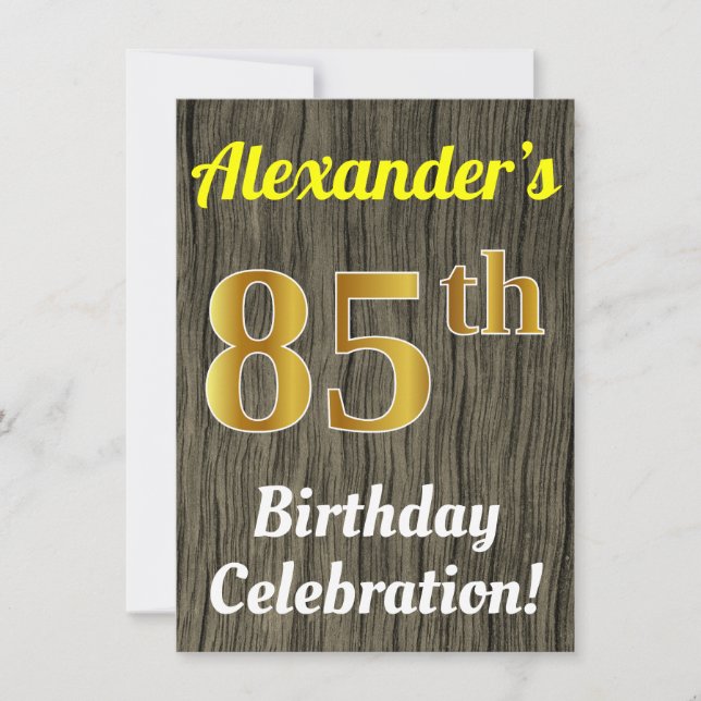 Faux Wood, Faux Gold 85th Birthday Celebration Invitation (Front)