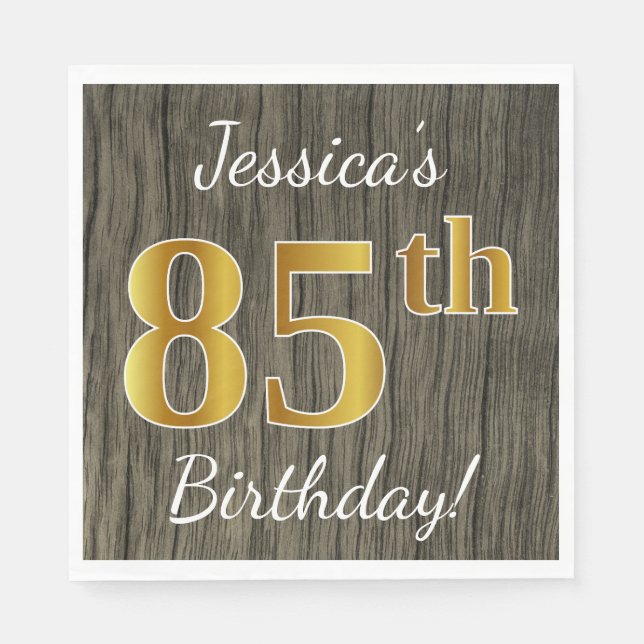 Faux Wood, Faux Gold 85th Birthday + Custom Name Napkin (Front)
