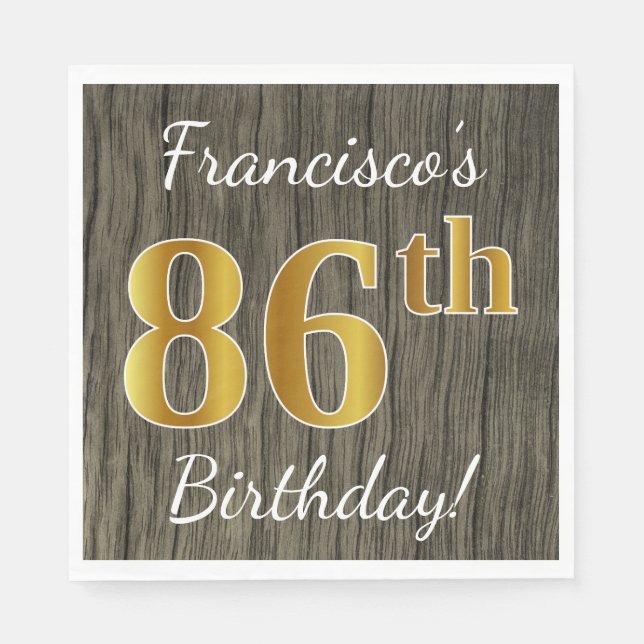 Faux Wood, Faux Gold 86th Birthday + Custom Name Napkin (Front)