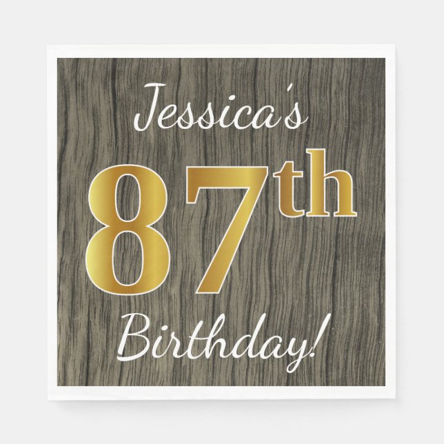 Faux Wood, Faux Gold 87th Birthday + Custom Name Napkin (Front)
