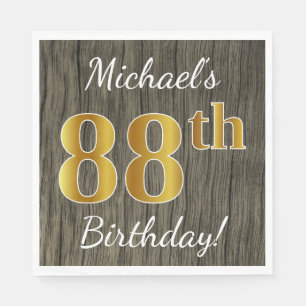 Faux Wood, Faux Gold 88th Birthday + Custom Name Napkin