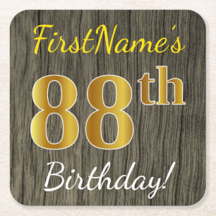 Faux Wood, Faux Gold 88th Birthday + Custom Name Square Paper Coaster