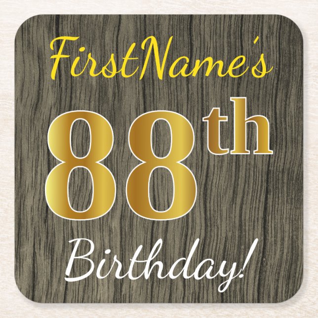 Faux Wood, Faux Gold 88th Birthday + Custom Name Square Paper Coaster (Front)