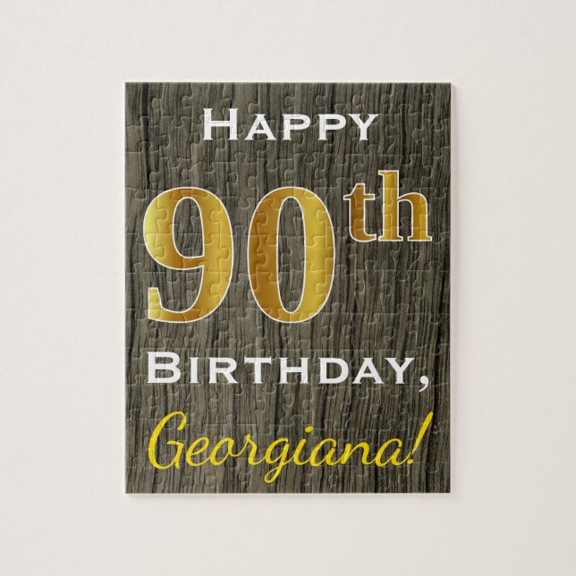 Faux Wood, Faux Gold 90th Birthday + Custom Name Jigsaw Puzzle (Vertical)