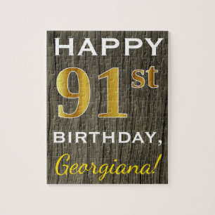 Faux Wood, Faux Gold 91st Birthday + Custom Name Jigsaw Puzzle