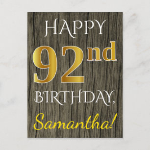 Faux Wood, Faux Gold 92nd Birthday + Custom Name Postcard