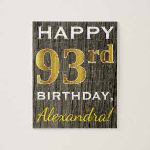 Faux Wood, Faux Gold 93rd Birthday + Custom Name Jigsaw Puzzle