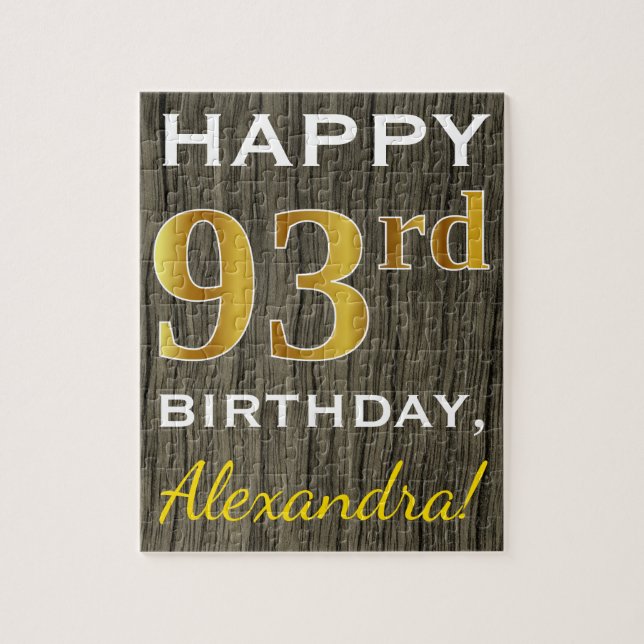 Faux Wood, Faux Gold 93rd Birthday + Custom Name Jigsaw Puzzle (Vertical)