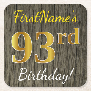 Faux Wood, Faux Gold 93rd Birthday + Custom Name Square Paper Coaster