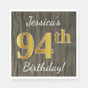 Faux Wood, Faux Gold 94th Birthday + Custom Name Napkin