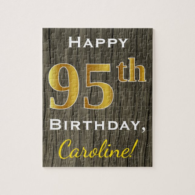 Faux Wood, Faux Gold 95th Birthday + Custom Name Jigsaw Puzzle (Vertical)