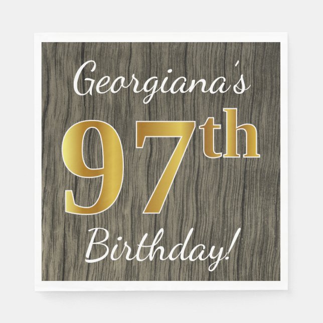 Faux Wood, Faux Gold 97th Birthday + Custom Name Napkin (Front)