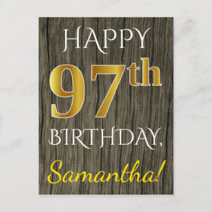 Faux Wood, Faux Gold 97th Birthday + Custom Name Postcard