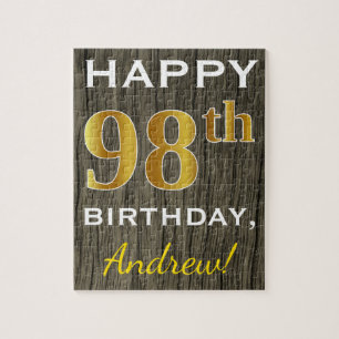 Faux Wood, Faux Gold 98th Birthday + Custom Name Jigsaw Puzzle