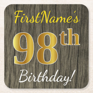 Faux Wood, Faux Gold 98th Birthday + Custom Name Square Paper Coaster