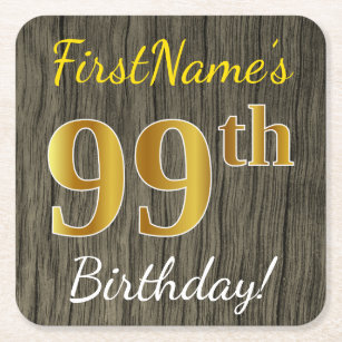 Faux Wood, Faux Gold 99th Birthday + Custom Name Square Paper Coaster