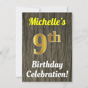 Faux Wood, Faux Gold 9th Birthday Celebration Invitation