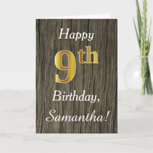 Faux Wood, Faux Gold 9th Birthday + Custom Name Card