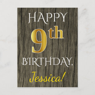 Faux Wood, Faux Gold 9th Birthday + Custom Name Postcard