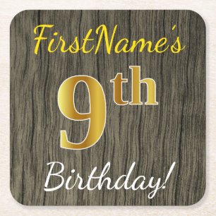 Faux Wood, Faux Gold 9th Birthday + Custom Name Square Paper Coaster