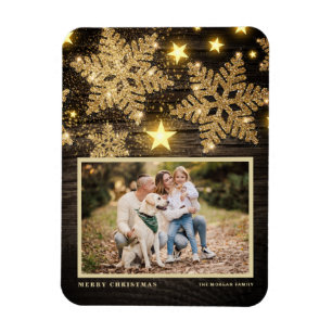 Faux Wood Gold Glitter Snowflakes Photo Christmas Magnet