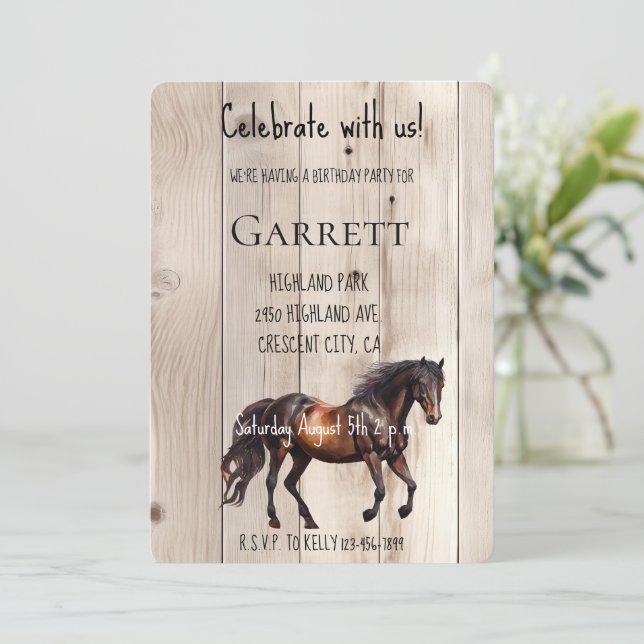 Faux Wood Horse Birthday Invitation (Standing Front)