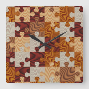Faux wood jigsaw puzzle square wall clock