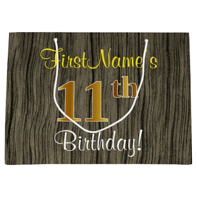 Faux Wood Look, Faux Gold 11th Birthday + Name Large Gift Bag (Front)