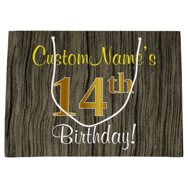 Faux Wood Look, Faux Gold 14th Birthday + Name Large Gift Bag (Front)