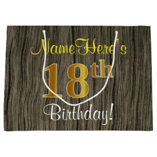 Faux Wood Look, Faux Gold 18th Birthday + Name Large Gift Bag