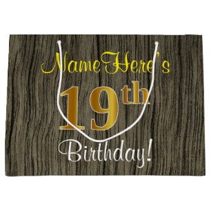 Faux Wood Look, Faux Gold 19th Birthday + Name Large Gift Bag
