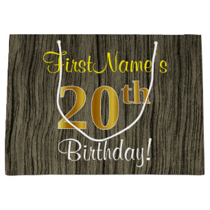 Faux Wood Look, Faux Gold 20th Birthday + Name Large Gift Bag
