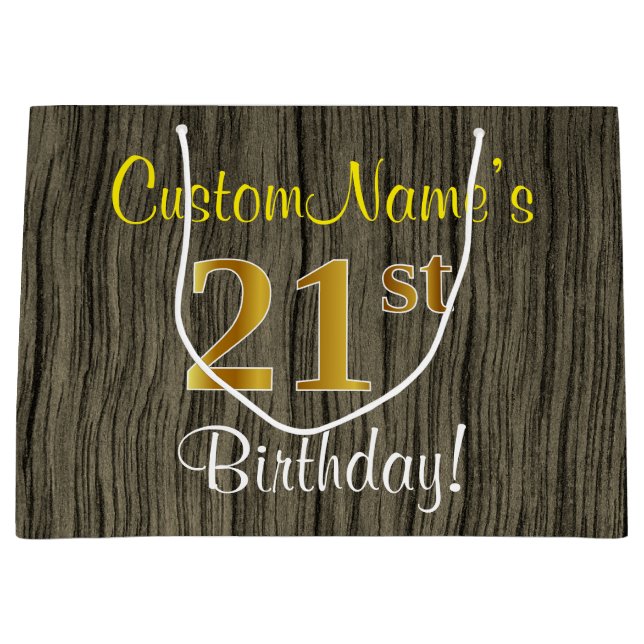 Faux Wood Look, Faux Gold 21st Birthday + Name Large Gift Bag (Front)
