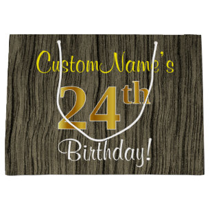Faux Wood Look, Faux Gold 24th Birthday + Name Large Gift Bag
