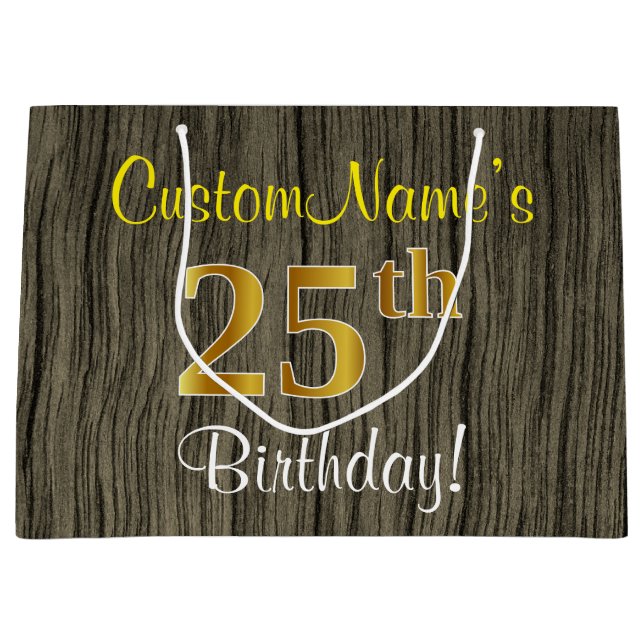 Faux Wood Look, Faux Gold 25th Birthday + Name Large Gift Bag (Front)