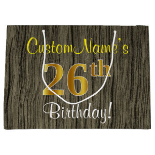 Faux Wood Look, Faux Gold 26th Birthday + Name Large Gift Bag