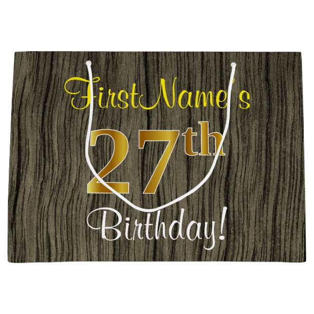 Faux Wood Look, Faux Gold 27th Birthday + Name Large Gift Bag (Front)