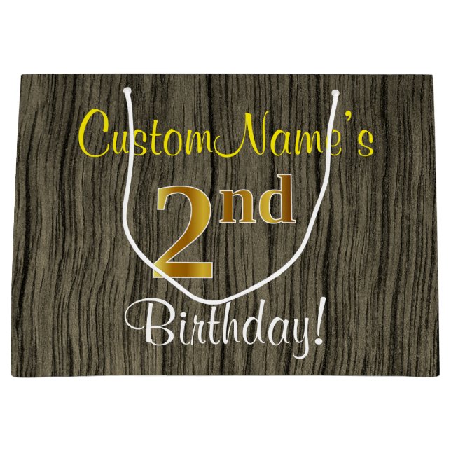 Faux Wood Look, Faux Gold 2nd Birthday + Name Large Gift Bag (Front)