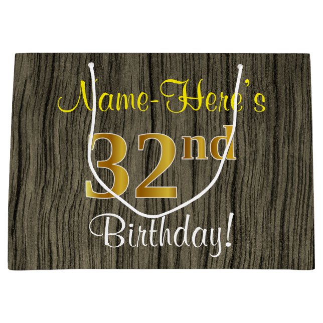Faux Wood Look, Faux Gold 32nd Birthday + Name Large Gift Bag (Front)