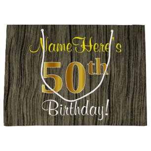 Faux Wood Look, Faux Gold 50th Birthday + Name Large Gift Bag