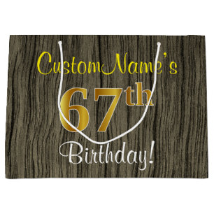 Faux Wood Look, Faux Gold 67th Birthday + Name Large Gift Bag