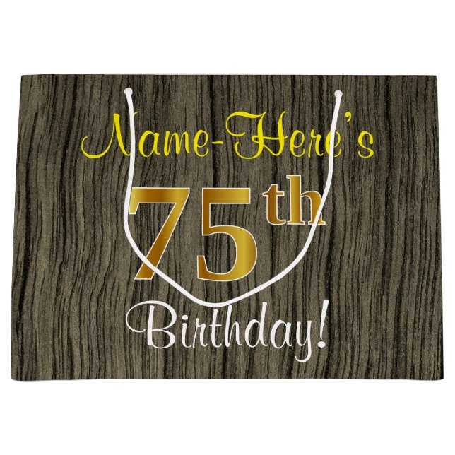 Faux Wood Look, Faux Gold 75th Birthday + Name Large Gift Bag (Front)