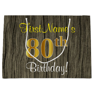 Faux Wood Look, Faux Gold 80th Birthday + Name Large Gift Bag