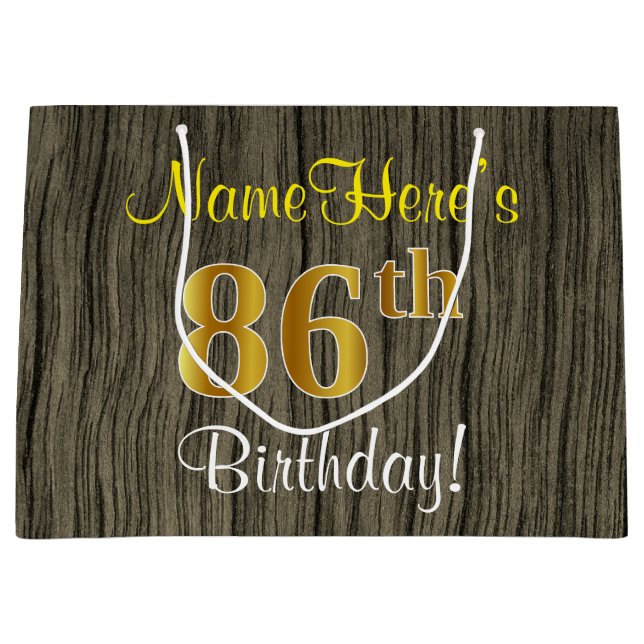 Faux Wood Look, Faux Gold 86th Birthday + Name Large Gift Bag (Front)