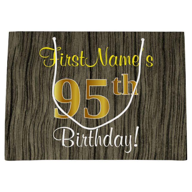 Faux Wood Look, Faux Gold 95th Birthday + Name Large Gift Bag (Front)