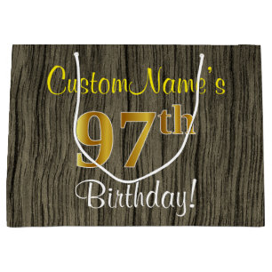Faux Wood Look, Faux Gold 97th Birthday + Name Large Gift Bag