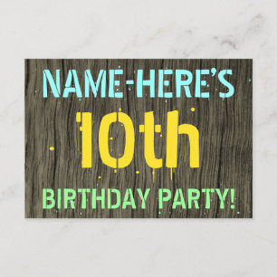 Faux Wood, Painted Text Look, 10th Birthday + Name Invitation