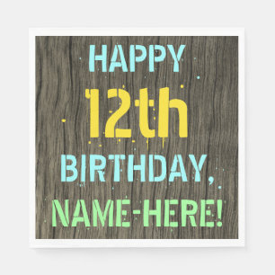 Faux Wood, Painted Text Look, 12th Birthday + Name Napkin